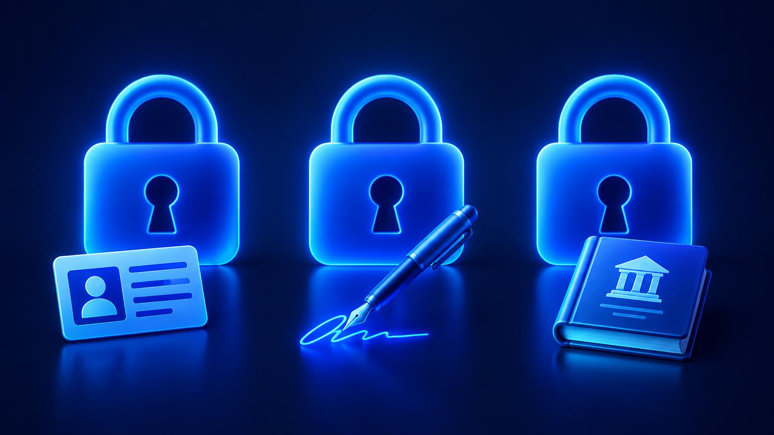Three glowing padlocks paired with an ID card, a signature pen, and a rulebook, representing SPF, DKIM, and DMARC
