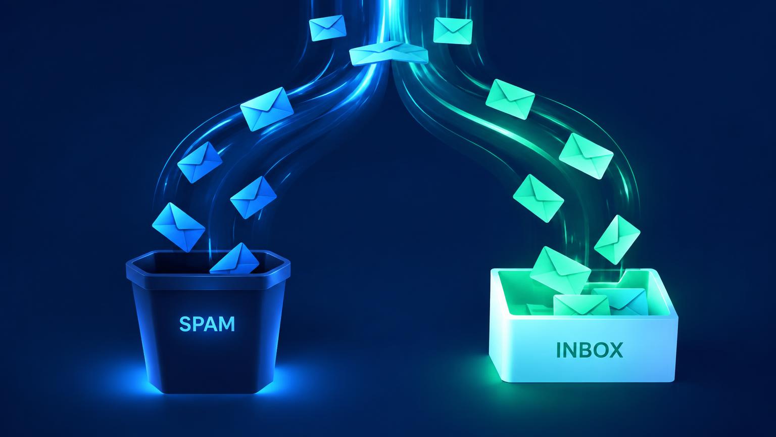 Illustration of email envelopes splitting into two streams, one falling into a spam bin and one landing in a bright inbox