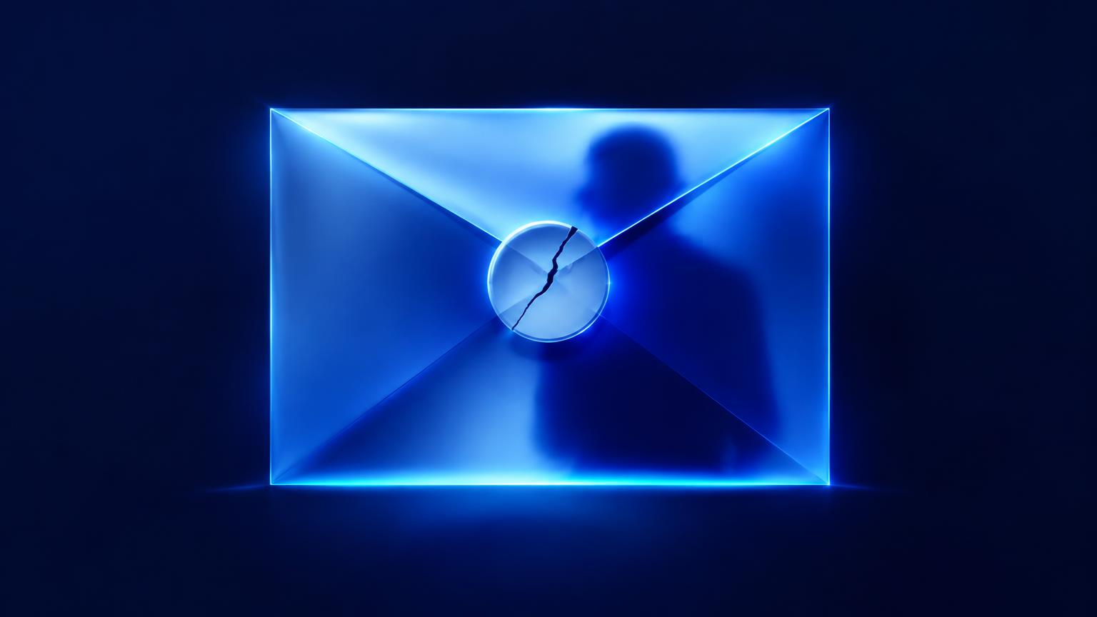 Glowing blue envelope with a cracked seal and a shadowy figure behind it, representing a spoofed email