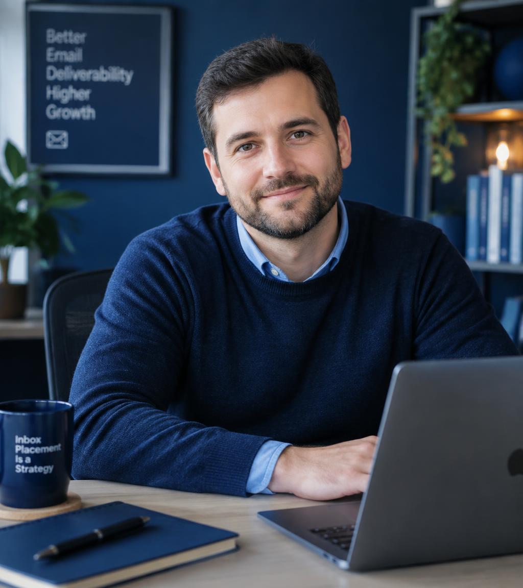 Portrait of the ByteShield Pro founder, a deliverability specialist, seated at a desk with a laptop